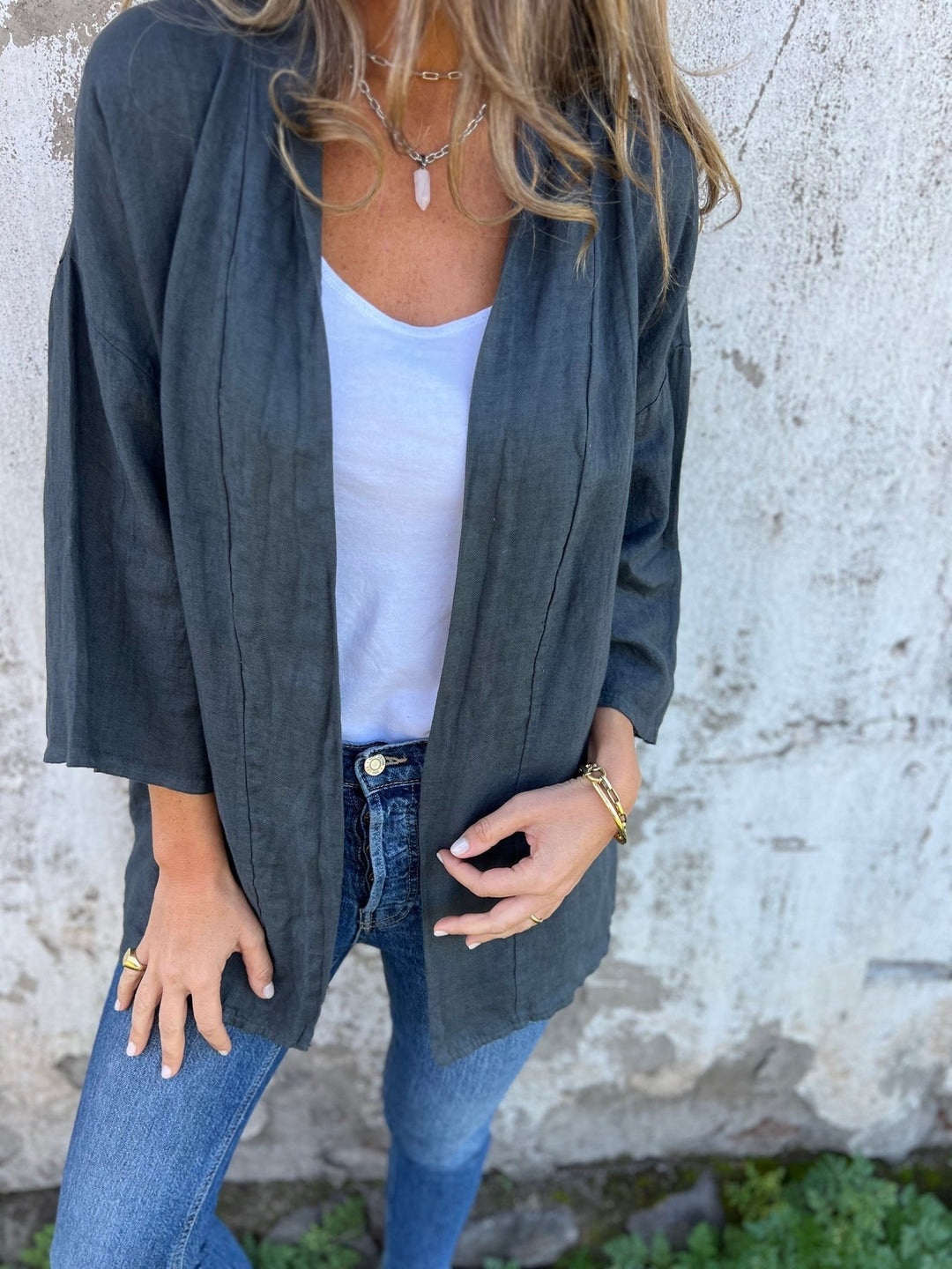 Linen Knit Cardigan with Ruffles