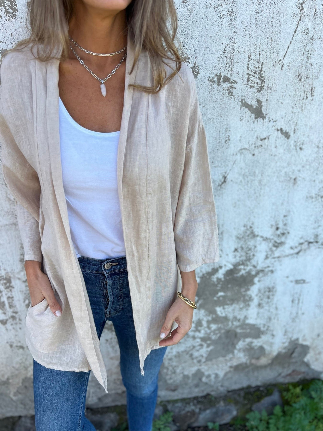 Linen Knit Cardigan with Ruffles