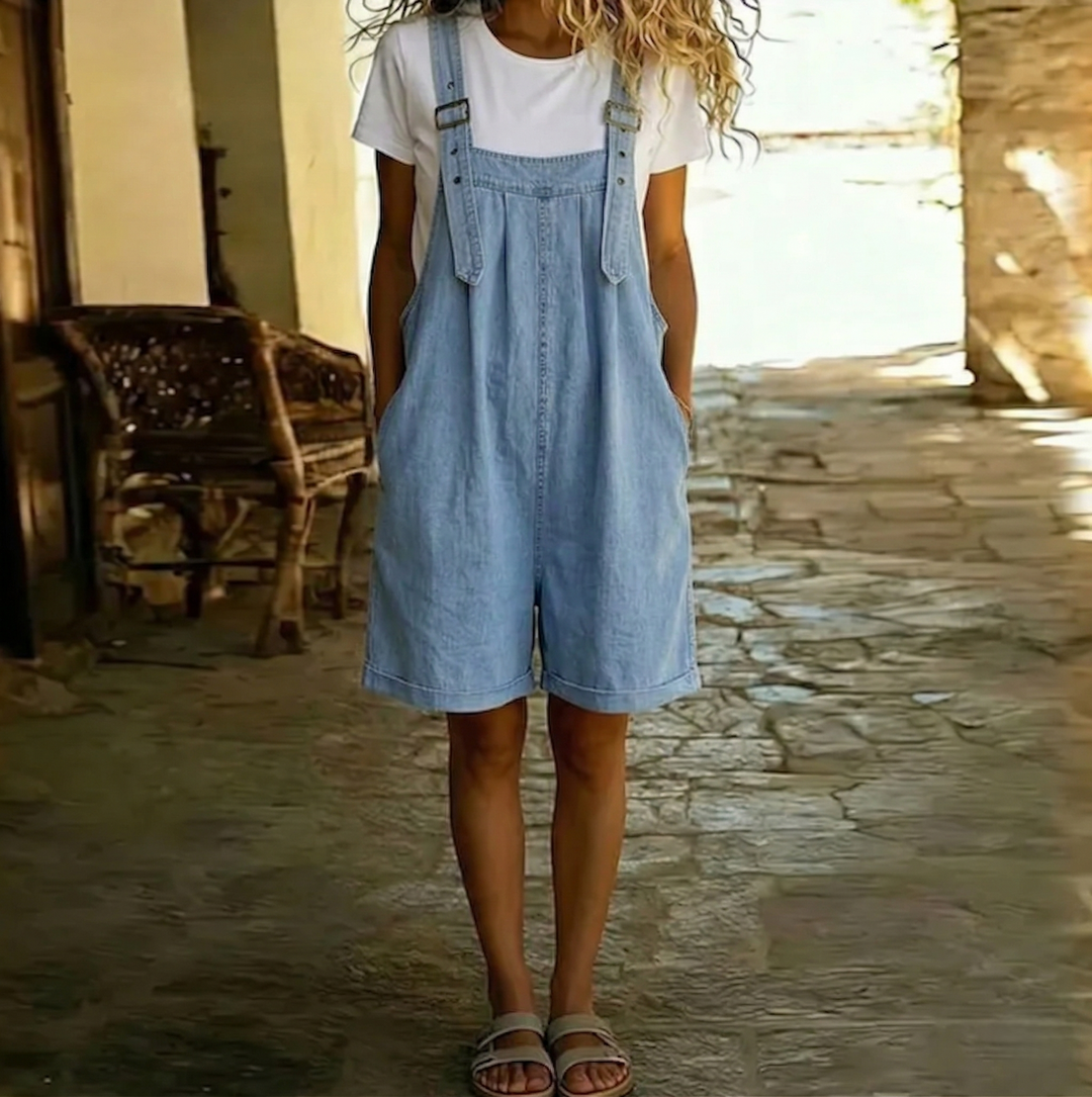 Saylor | Vintage Washed Soft Denim Short Overall Light blue