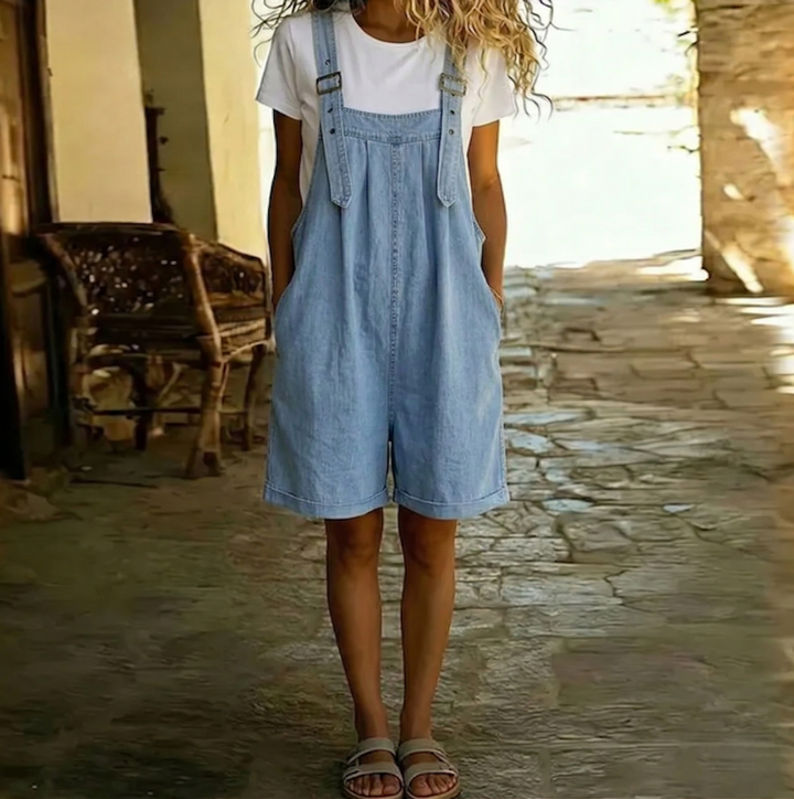 Saylor | Vintage Washed Soft Denim Short Overall Light blue