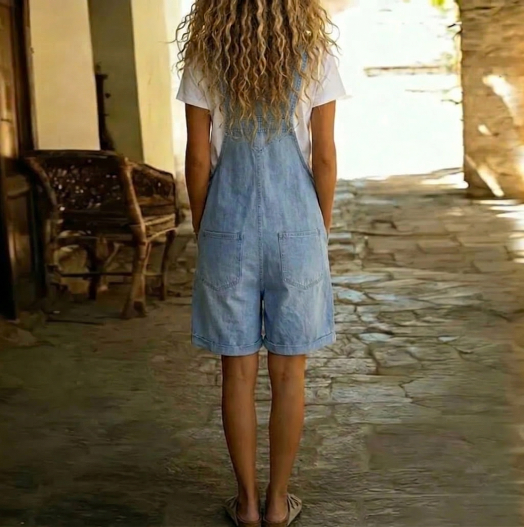 Saylor | Vintage Washed Soft Denim Short Overall Light blue